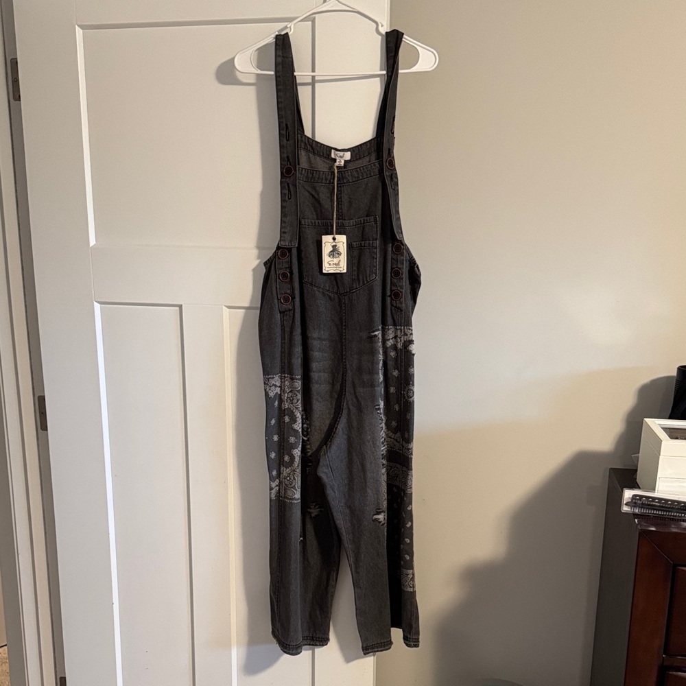 easel Black Printed Denim Overall Jumpsuit with Paisley Panels; denim cotton.